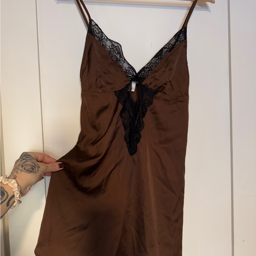 Brown Lace Trim Slip Dress